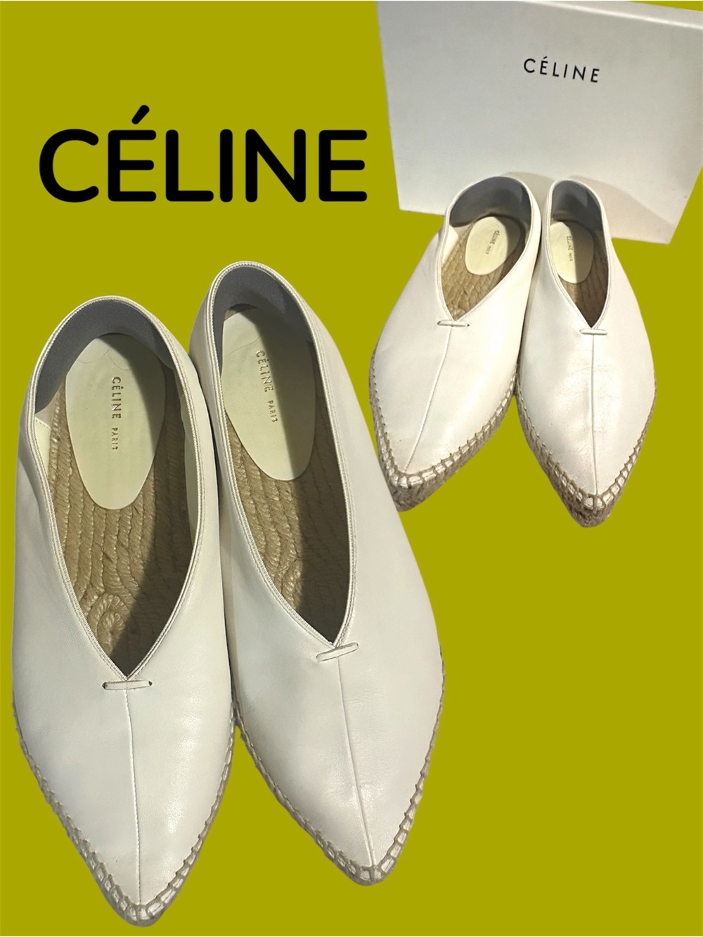 CÉLINE White Leather Pointed Espadrille Flats